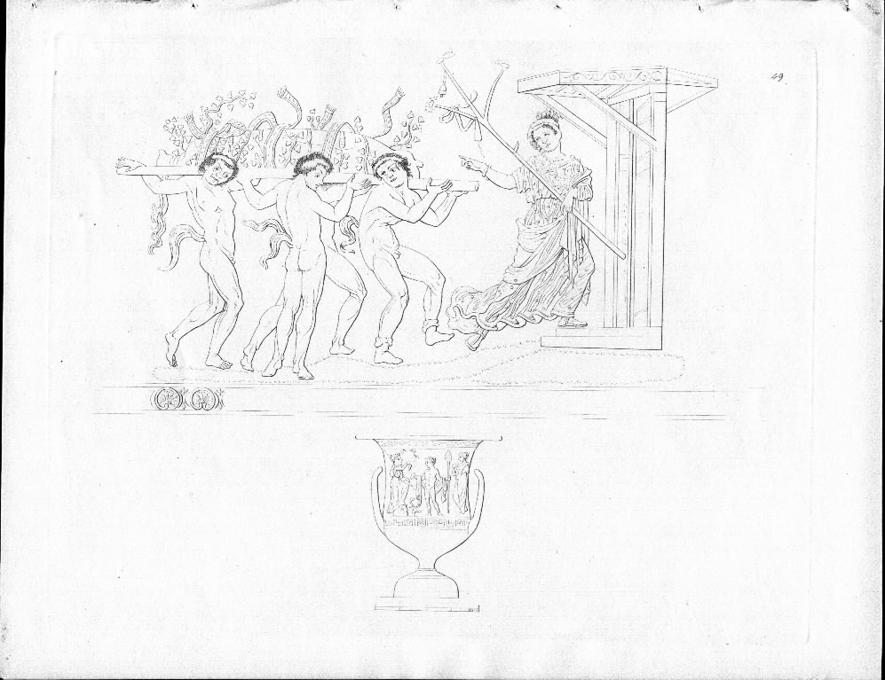 A Calyx Krater from uo showing three fauns carrying  a large amphora of wine to a temple of Bacchus